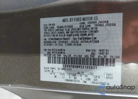 2005 Ford Mustang V6 Deluxe/V6 Premium from USA, damaged, VIN 1ZVHT80N955102411